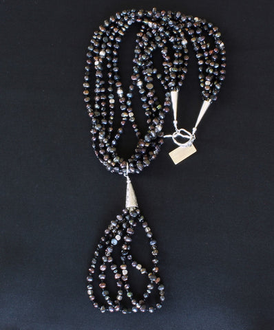 Black Nugget Pearl 5-Strand Necklace with 3-Loop Pearl & Sterling Silver Jacla