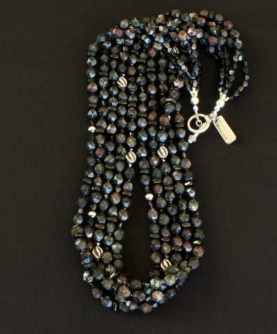 Black Plum Blossom Jasper Faceted Rounds 5-Strand Necklace with Sterling Silver