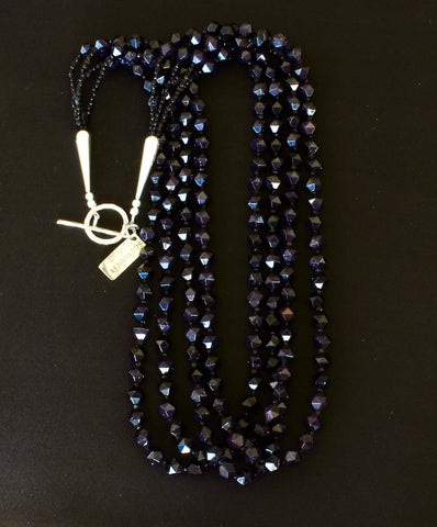 Blue Sandstone 4-Strand Necklace with Czech Nailheads and Sterling Silver