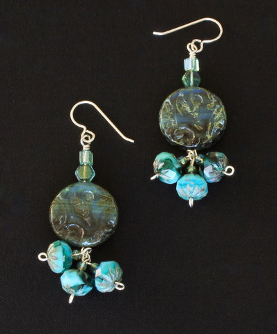 Blue & Green Czech Glass Coin Beads with Triple Dangles and Sterling
