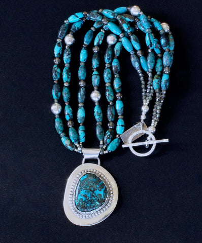 Chrysocolla-Malachite and Sterling Silver Pendant with 3 Strands of Turquoise Long Ovals, Czech Glass and Sterling