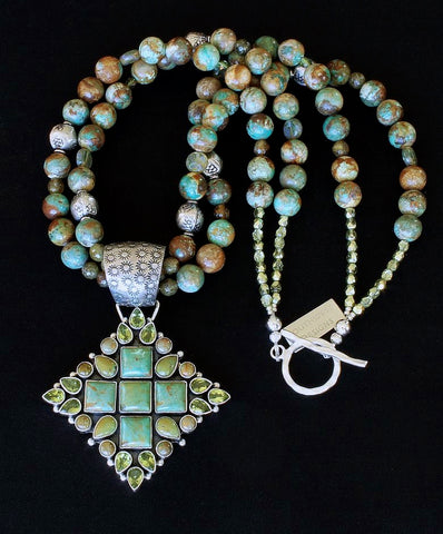 29-Stone Turquoise & Peridot Pendant with 2 Strands of Royston Boulder Turquoise