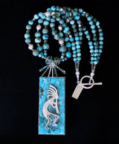 Kingman Turquoise and Sterling Silver Kokopelli Pendant with 3 Strands of Graduated Turquoise Rounds
