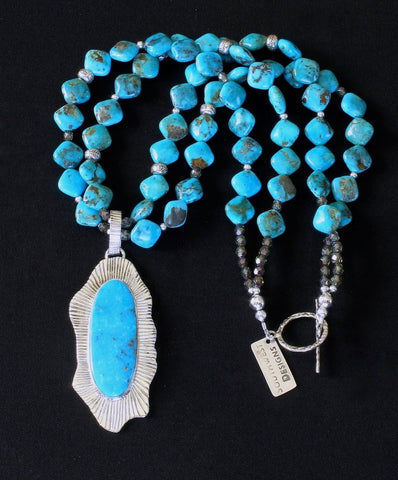 Kingman Turquoise and Sterling Silver Pendant with 2 Strands of Turquoise Diamonds