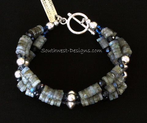 Labradorite Heishi 3-Strand Bracelet with Swarovski Crystal and Sterling Silver