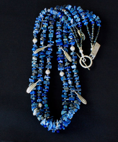 Lapis Lazuli Nugget 3-Strand Necklace with Labradorite, Crystal, Czech Glass and Sterling Silver