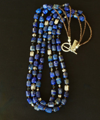 Lapis Faceted Cylinder 3-Strand Necklace with Hill Tribe Silver