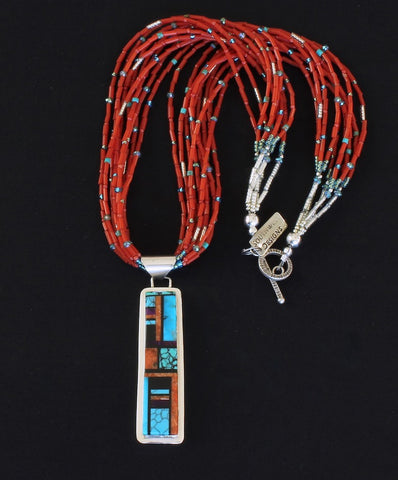 Navajo Inlaid Gemstone and Sterling Silver Pendant with 10 Strands of Antique Pote Beads