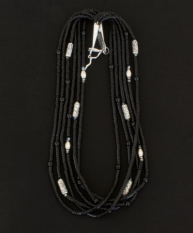 Black Onyx Heishi 6-Strand Necklace with Ornate Sterling Silver