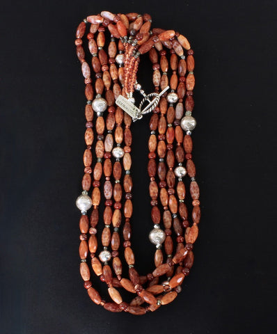 Red Fire Agate Faceted Cylinder 5-Strand Necklace with Red Snakeskin Jasper, Czech Glass, Hill Tribe Silver and Sterling Silver