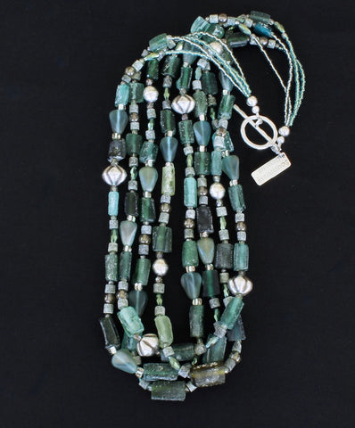 Roman Glass Rectangles 4-Strand Necklace with Czech Glass and Sterling Silver