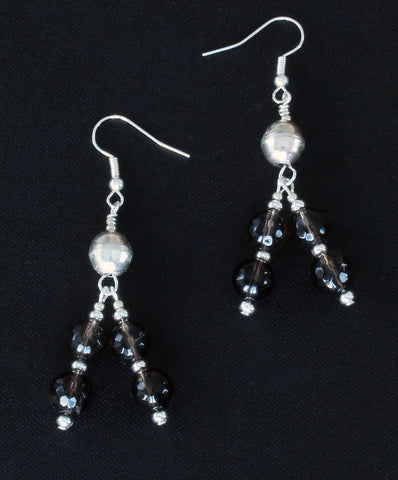 Smoky Quartz Faceted Rounds 2-Strand Earrings with Sterling Silver
