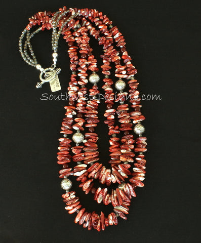 Spiny Oyster Shell Long Chip 3-Strand Necklace with Carnelian and Sterling Silver