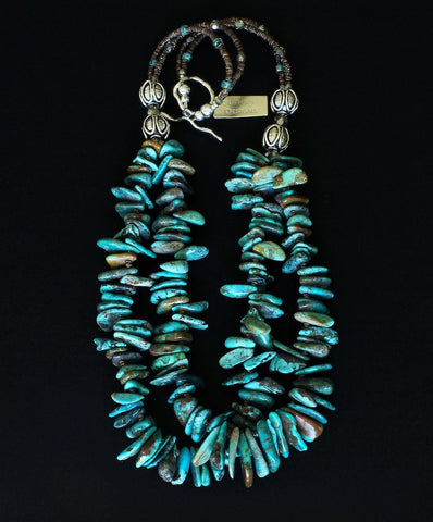 Turquoise Graduated Briolette 2-Strand Necklace with Shell Heishi, Fire Polished Glass and Sterling Silver
