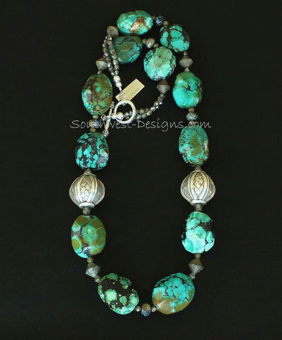 Turquoise Faceted Oval Necklace with Turkish Glass Bicones and Sterling Silver Woven Rounds & Toggle Clasp