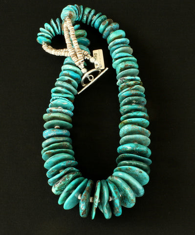 Turquoise Graduated Large Disc Necklace with Olive Shell Heishi and Sterling Silver