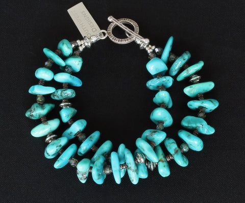 Turquoise Long Nugget 2-Strand Bracelet with Olive Shell Heishi, Czech Glass and Sterling Silver