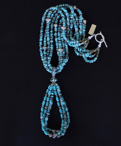 Turquoise Rondelle Bead 4-Strand Necklace with 3-Loop Turquoise Jacla, Czech Glass and Sterling Silver