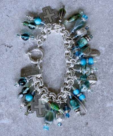 28-Charm Turquoise, Czech Glass and Sterling Silver Bracelet with Sterling Silver Link Chain and Spring Ring Clasp
