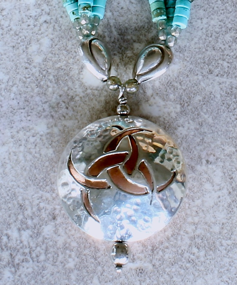 36mm Sterling & Copper 2-Sided Pendant with 3 Strands of Turquoise, Czech Glass and Sterling Silver