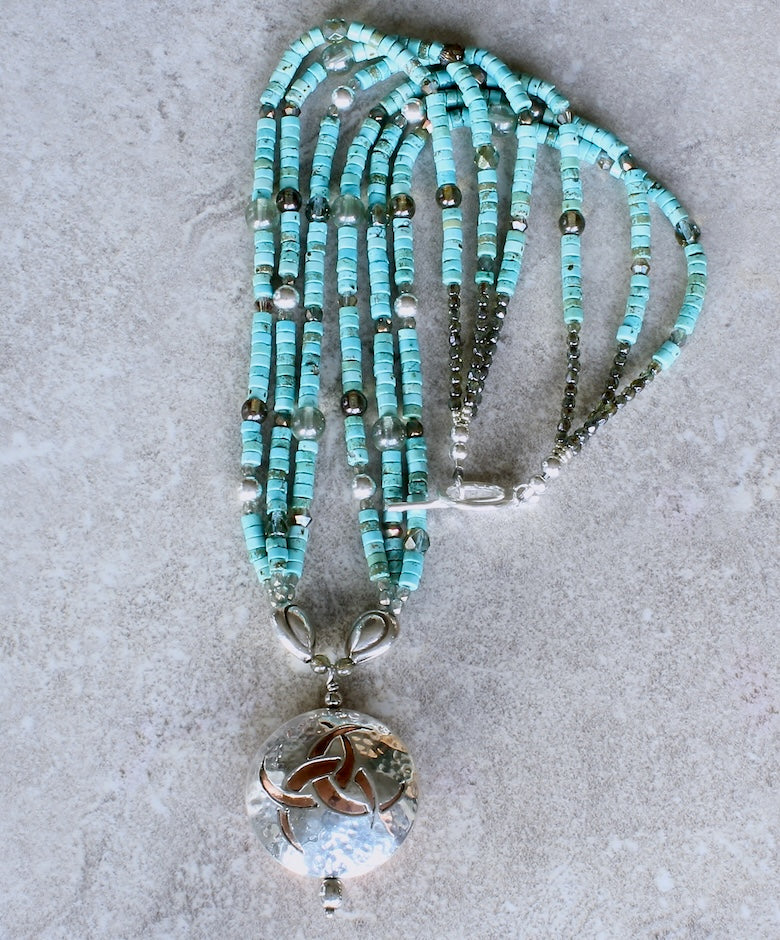 36mm Sterling & Copper 2-Sided Pendant with 3 Strands of Turquoise, Czech Glass and Sterling Silver