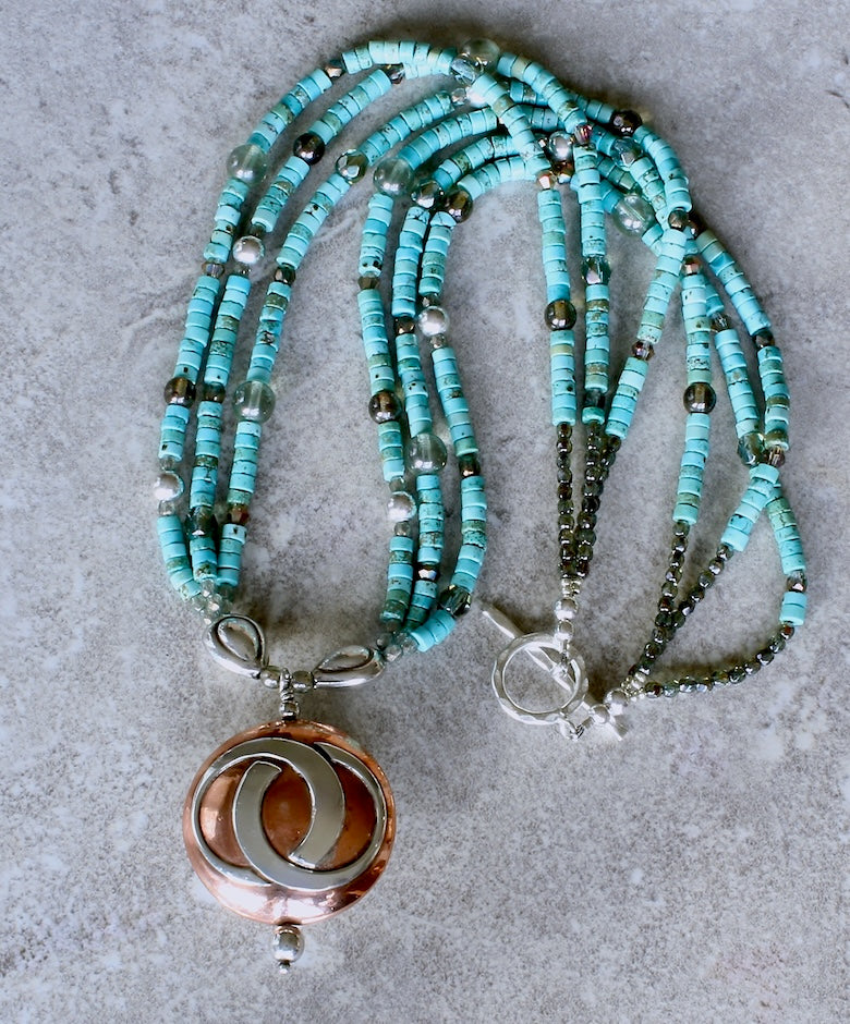 36mm Sterling & Copper 2-Sided Pendant with 3 Strands of Turquoise, Czech Glass and Sterling Silver