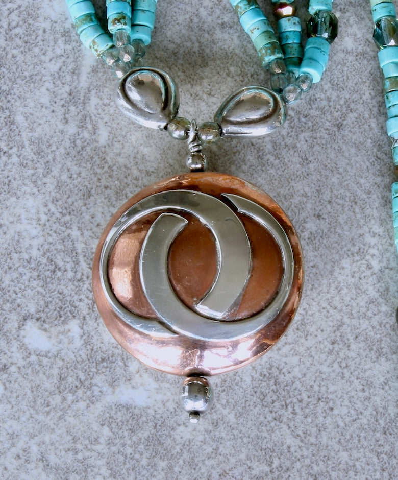 36mm Sterling & Copper 2-Sided Pendant with 3 Strands of Turquoise, Czech Glass and Sterling Silver