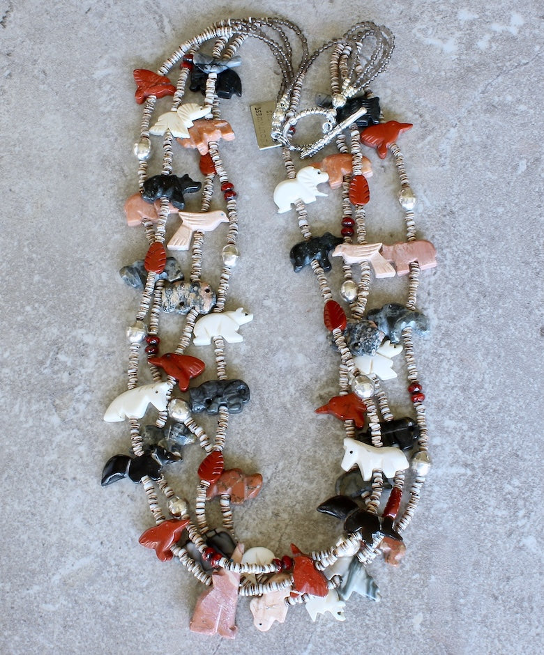 42-Piece Amulet Necklace with 4 Strands of Olive Shell Heishi and Sterling Silver