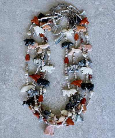42-Piece Amulet Necklace with 4 Strands of Olive Shell Heishi and Sterling Silver