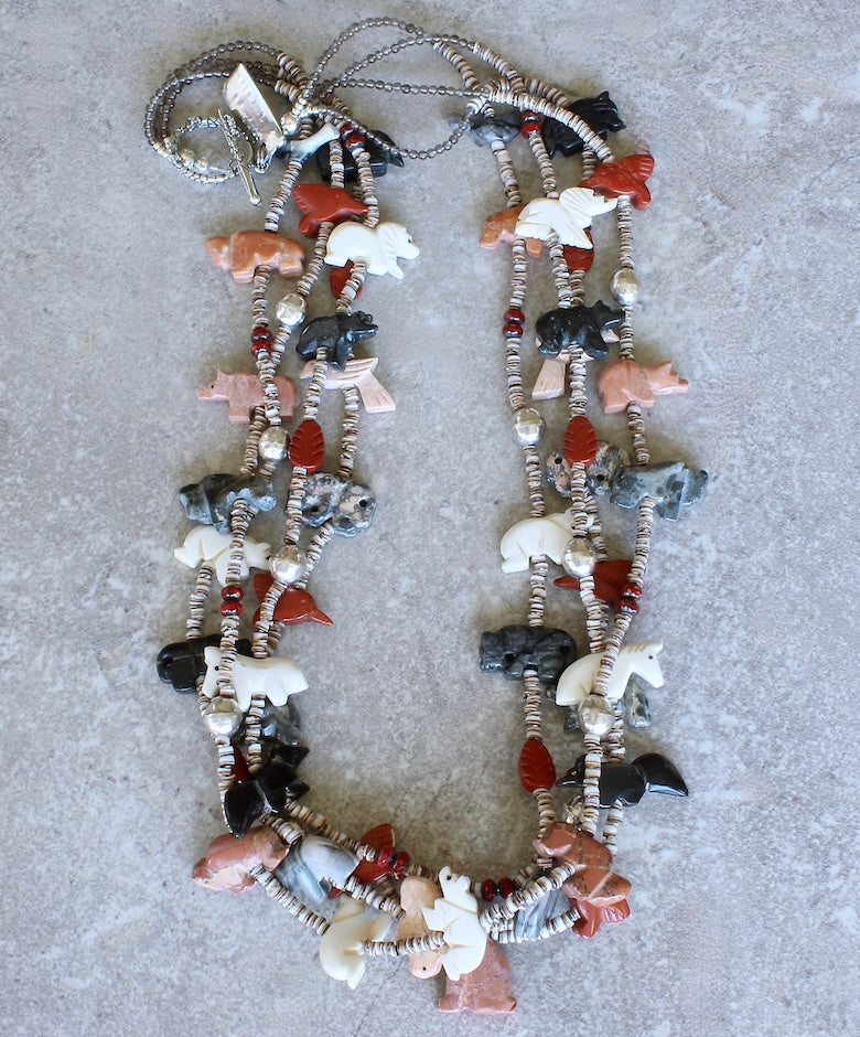 42-Piece Amulet Necklace with 4 Strands of Olive Shell Heishi and Sterling Silver
