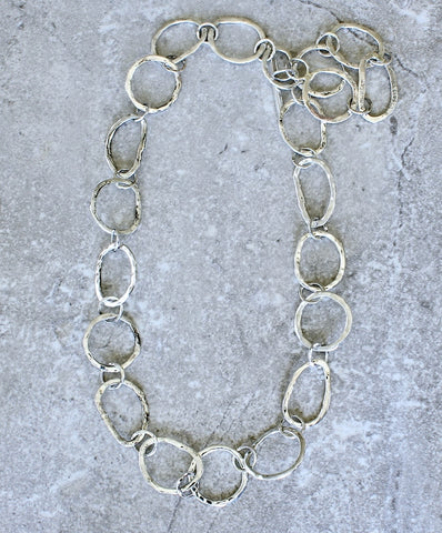 Handcrafted 42-PIece Hammered Sterling Silver Ring Necklace with Sterling Silver Toggle Clasp