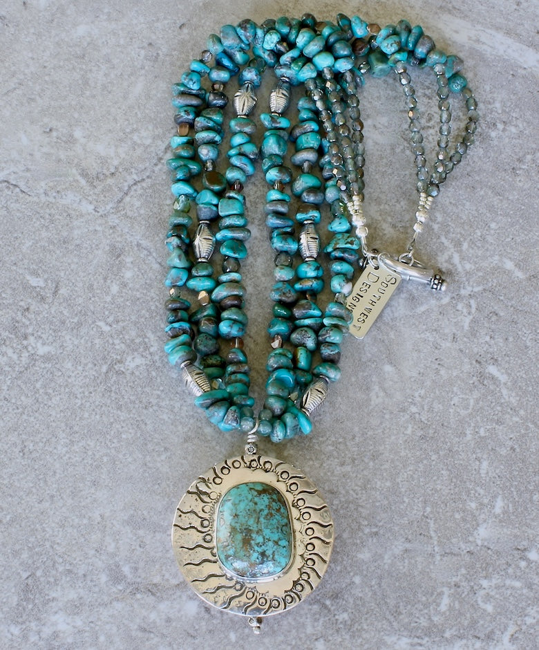 47mm Sterling & Copper 2-Sided Pendant with 3 Strands of Turquoise and Sterling