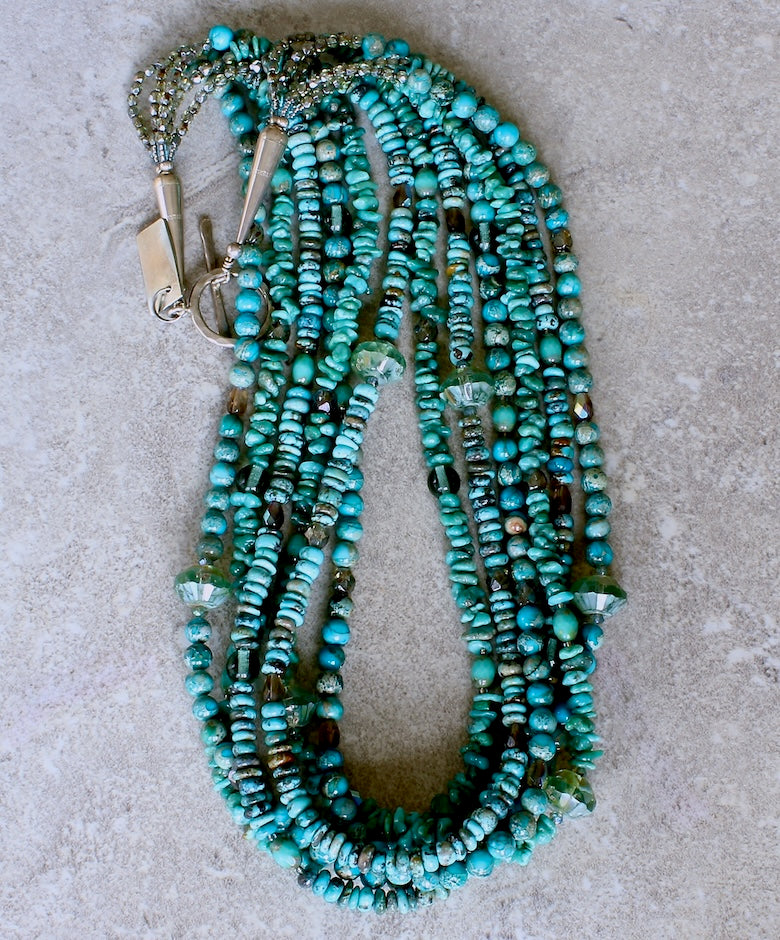 Turquoise and Imperial Jasper 6-Strand Necklace with Czech Glass and Sterling Silver