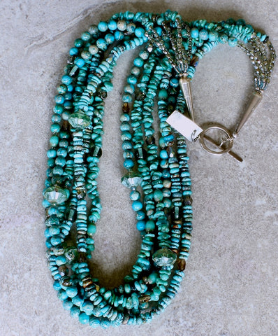 Turquoise and Imperial Jasper 6-Strand Necklace with Czech Glass and Sterling Silver