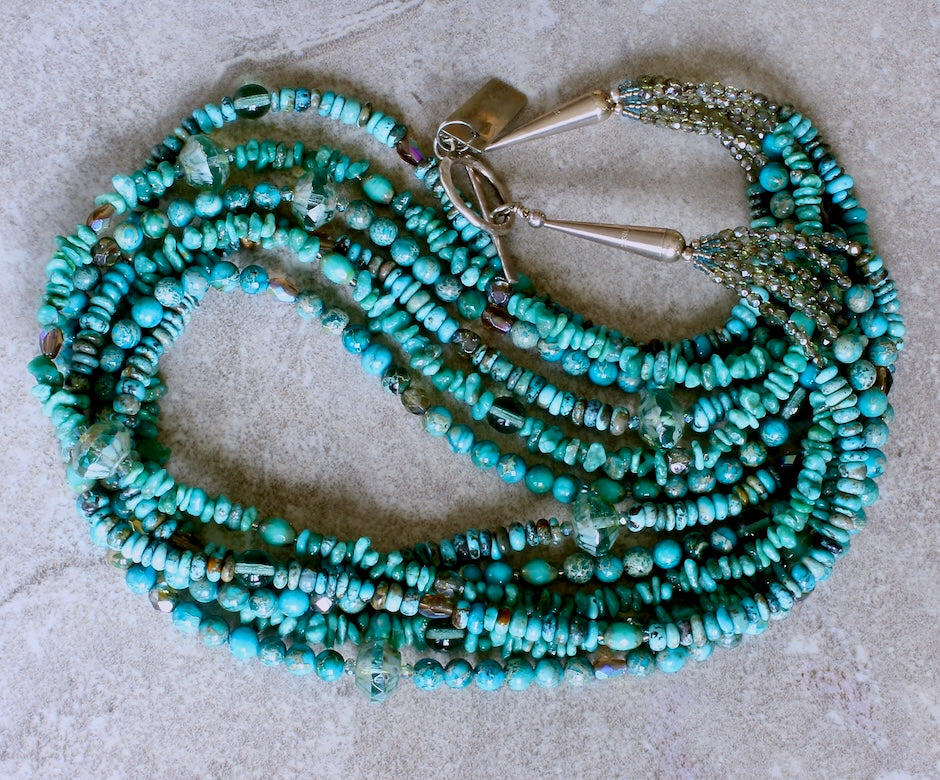 Turquoise and Imperial Jasper 6-Strand Necklace with Czech Glass and Sterling Silver