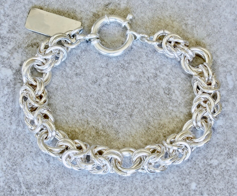 9.2mm & 11.8mm Sterling Silver Byzantine Rose Chain Bracelet with Sterling Spring Ring Clasp
