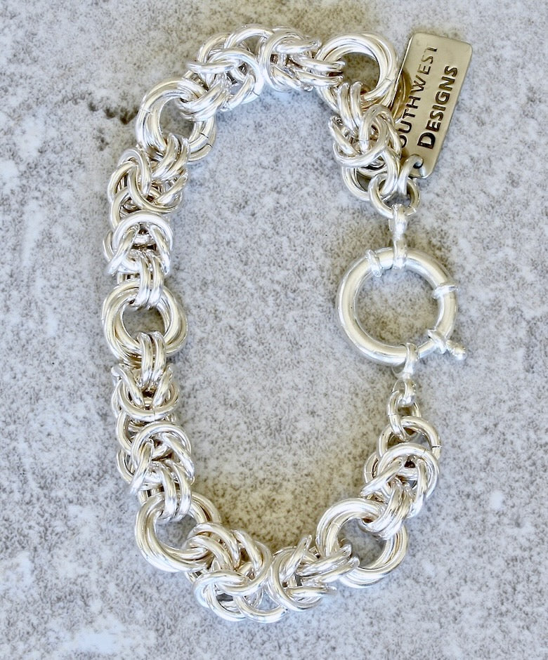 9.2mm & 11.8mm Sterling Silver Byzantine Rose Chain Bracelet with Sterling Spring Ring Clasp
