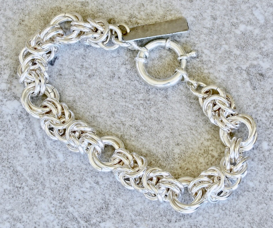 9.2mm & 11.8mm Sterling Silver Byzantine Rose Chain Bracelet with Sterling Spring Ring Clasp