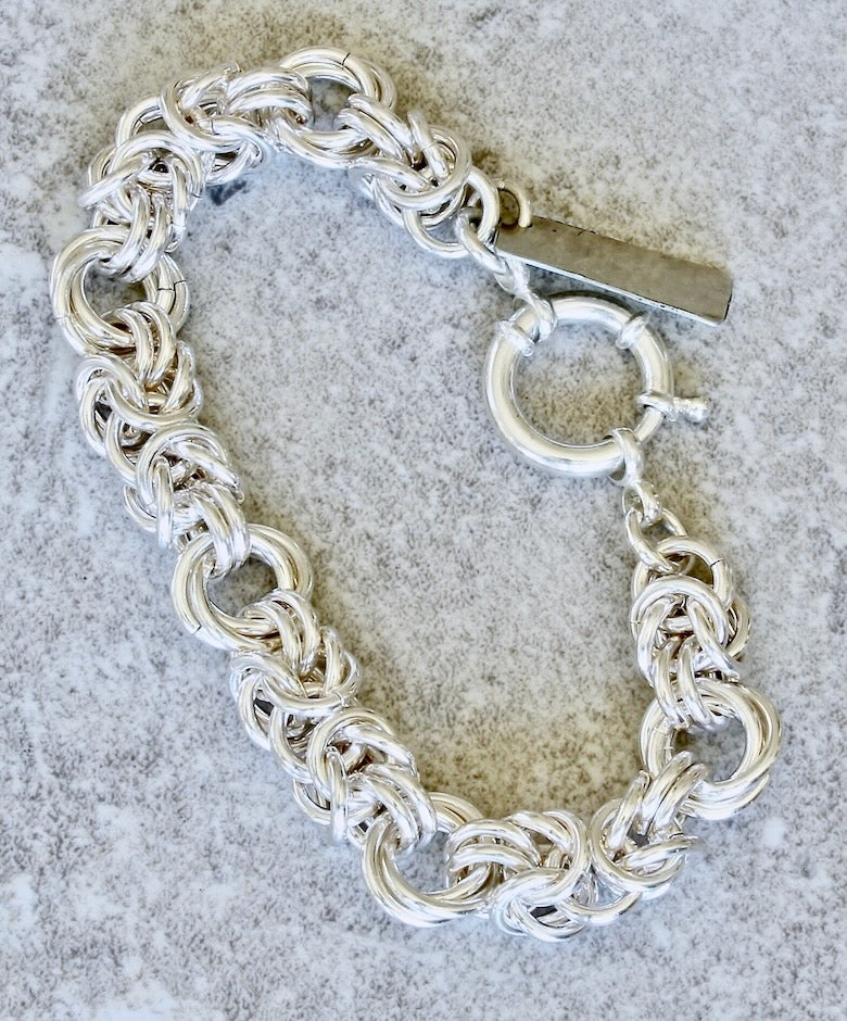 9.2mm & 11.8mm Sterling Silver Byzantine Rose Chain Bracelet with Sterling Spring Ring Clasp