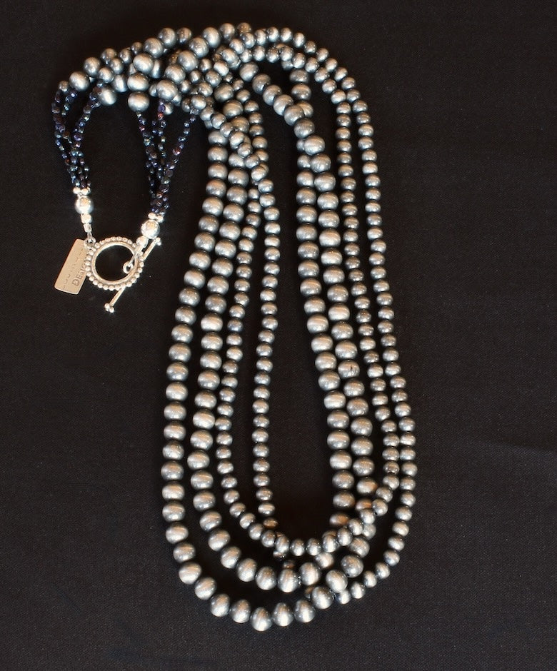 Oxidized Polymer Navajo Pearl 4-Strand Necklace with Vintage Czechoslovakian Nailheads and Sterling Silver