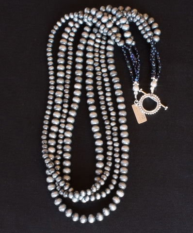 Oxidized Polymer Navajo Pearl 4-Strand Necklace with Vintage Czechoslovakian Nailheads and Sterling Silver