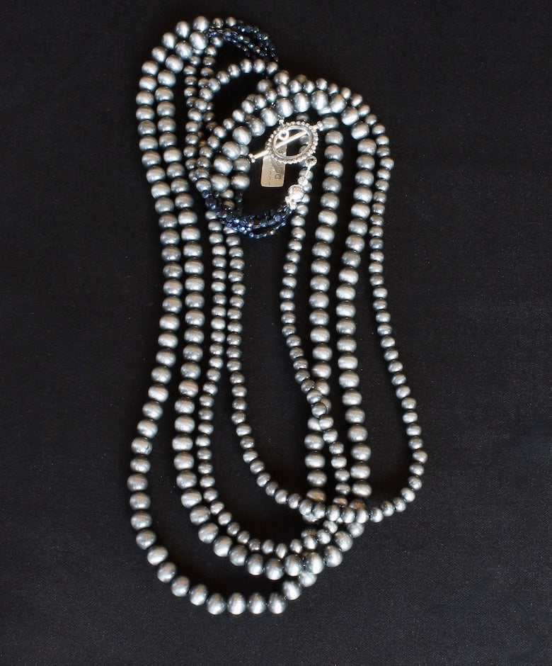 Oxidized Polymer Navajo Pearl 4-Strand Necklace with Vintage Czechoslovakian Nailheads and Sterling Silver