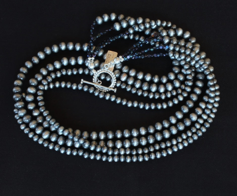 Oxidized Polymer Navajo Pearl 4-Strand Necklace with Vintage Czechoslovakian Nailheads and Sterling Silver