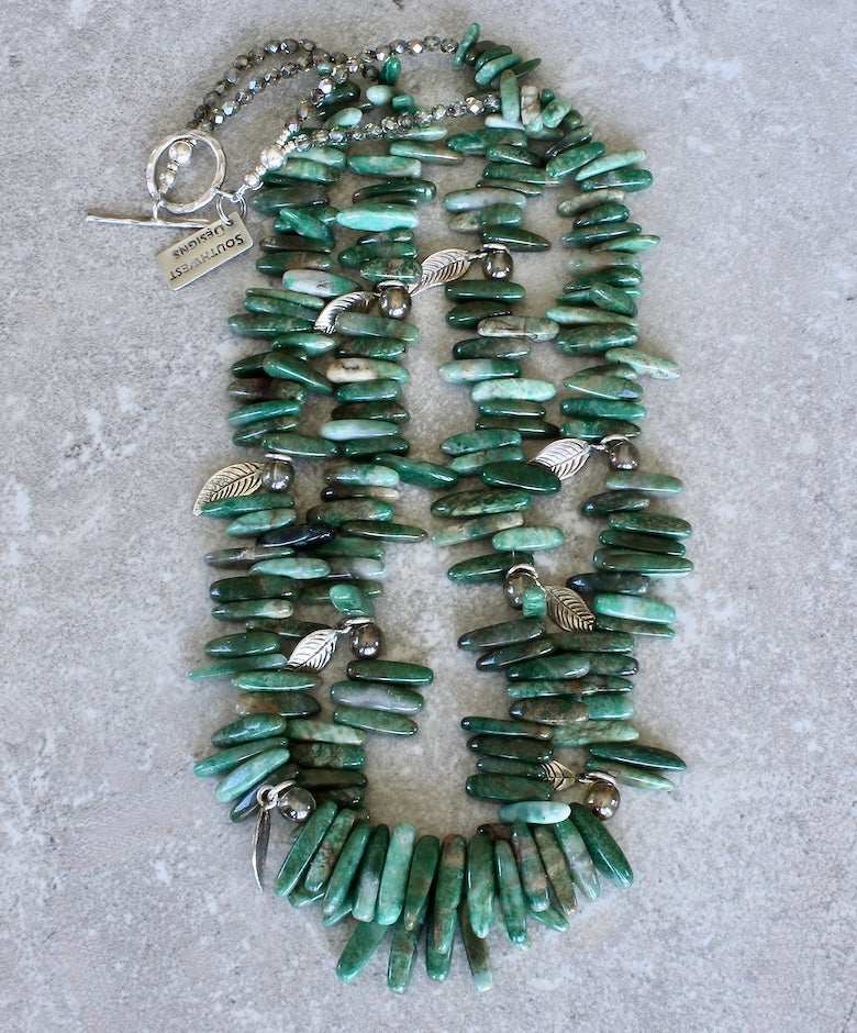 Green Jade Spikes 2-Strand Necklace with Czech Glass and Sterling Silver Leaf Charms & Toggle Clasp