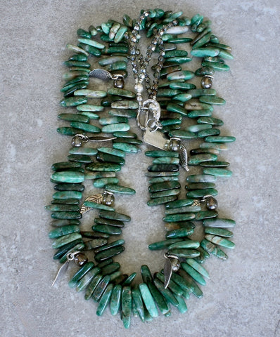 Green Jade Spikes 2-Strand Necklace with Czech Glass and Sterling Silver Leaf Charms & Toggle Clasp