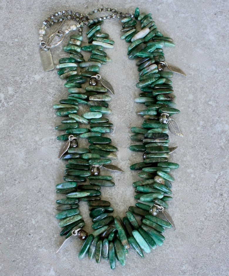 Green Jade Spikes 2-Strand Necklace with Czech Glass and Sterling Silver Leaf Charms & Toggle Clasp