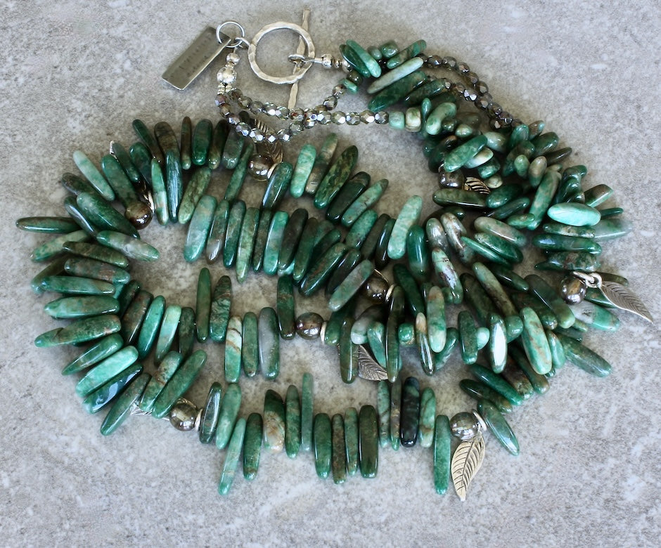 Green Jade Spikes 2-Strand Necklace with Czech Glass and Sterling Silver Leaf Charms & Toggle Clasp