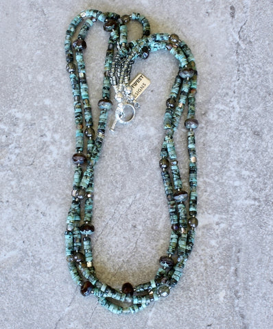 African Turquoise Heishi 3-Strand Necklace with Czech Glass and a Sterling Silver Toggle Clasp
