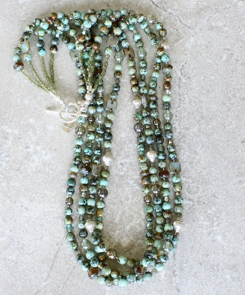 African Turquoise Rounds 4-Strand Necklace with Blended Czech Glass and Sterling Silver Beads & Toggle Clasp