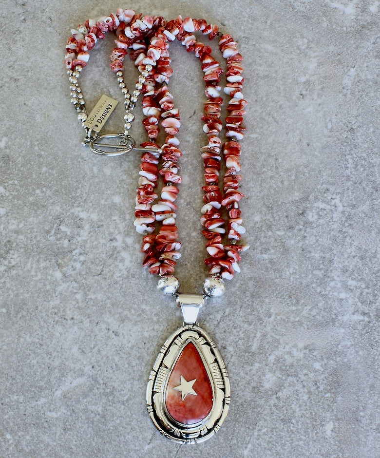 Allison Johnson Spiny Oyster Shell and Sterling Silver Pendant with 2 Strands of Spiny Oyster Shell Graduated Nuggets and Sterling